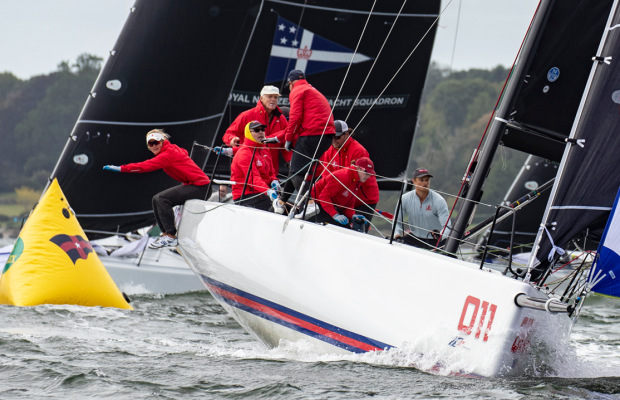 Team RCYC hoisting the spinnaker at the New York Yacht Club Invitational Cup