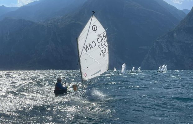 Training in Lake Garda, Italy with mountains in the background