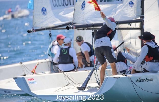 Protest flags fly against the GBR entry in Governors Cup taking the lead